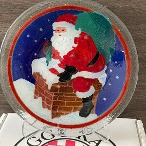 Vintage Peggy Karr Rooftop Santa Fused Art Glass 7.75" Round Plate with Box